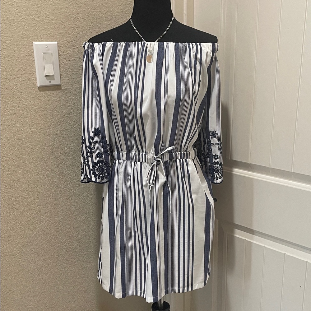 Navy & White Striped Off-Shoulder Dress with Embroidered Sleeves